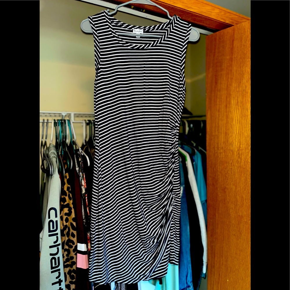 Blue and white striped dress, cinched on one side that is very flattering !